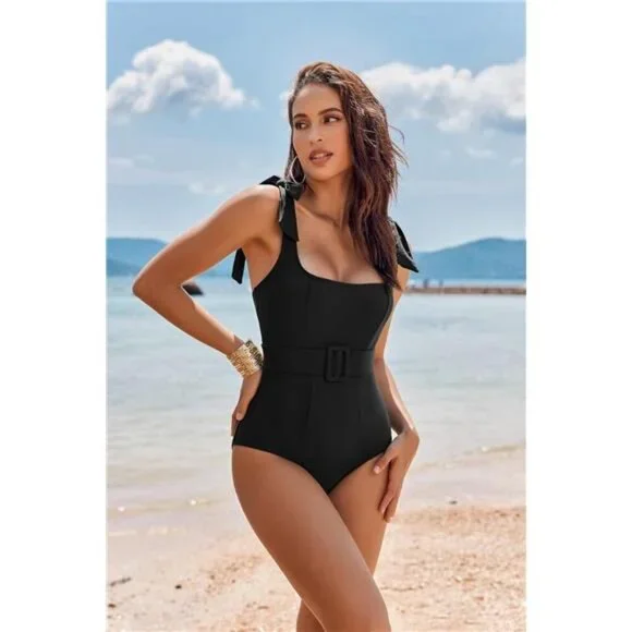Women's One Piece Swimsuit Belted Tummy Control Square Neck Tie Shoulder
